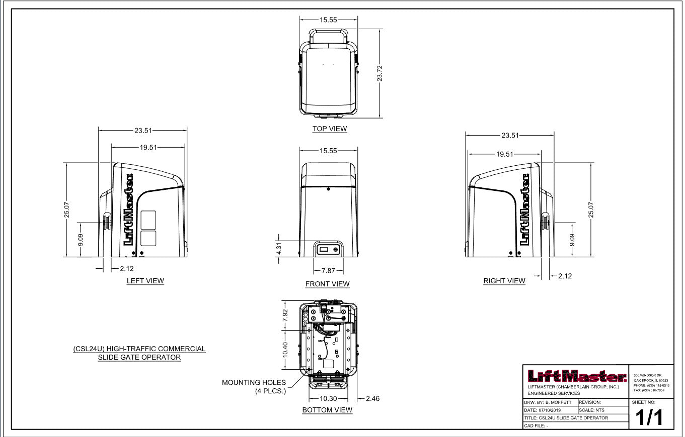 LiftMaster CSL24UL High-Traffic Commercial Slide Gate Operator with Battery Backup & Smart Control Dimensions