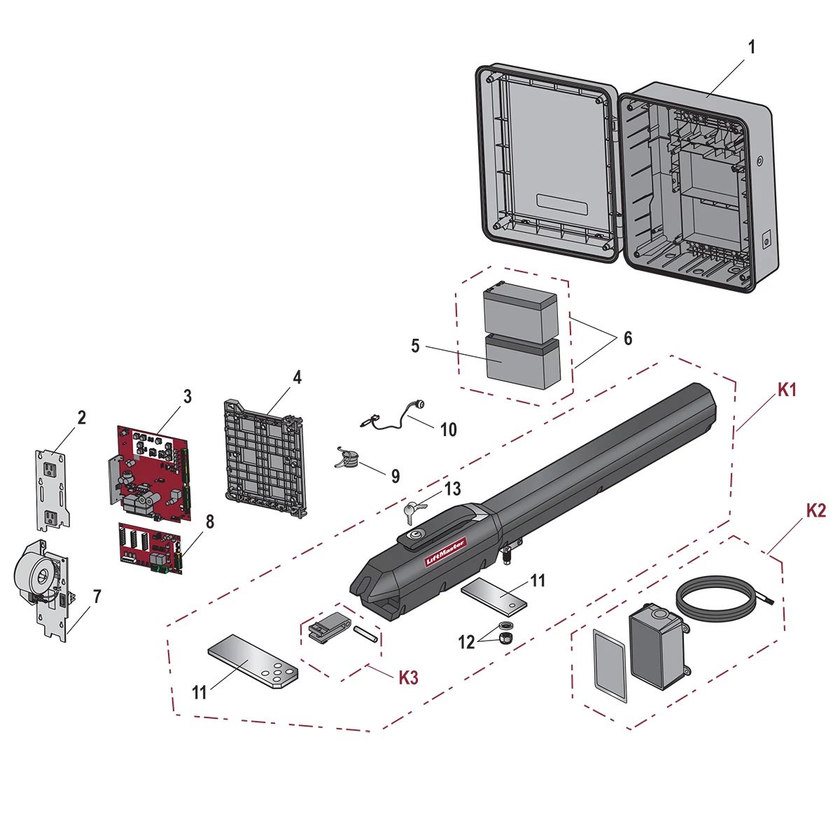 LiftMaster LA500UL 24VDC Residential Swing Gate Operator Package Parts Diagram