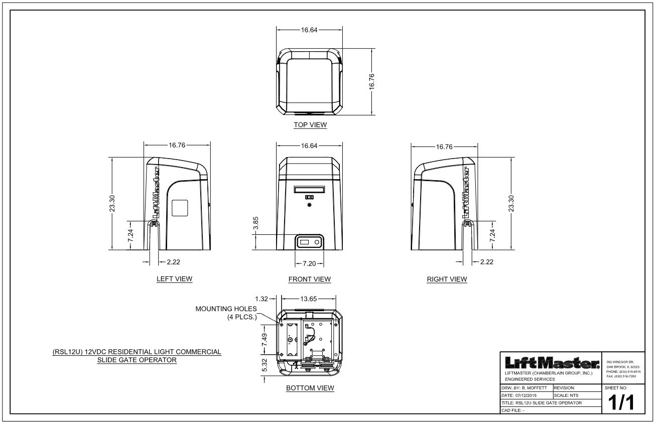 LiftMaster RSL12UL 12VDC Residential Light Commercial Slide Gate Operator Dimensions